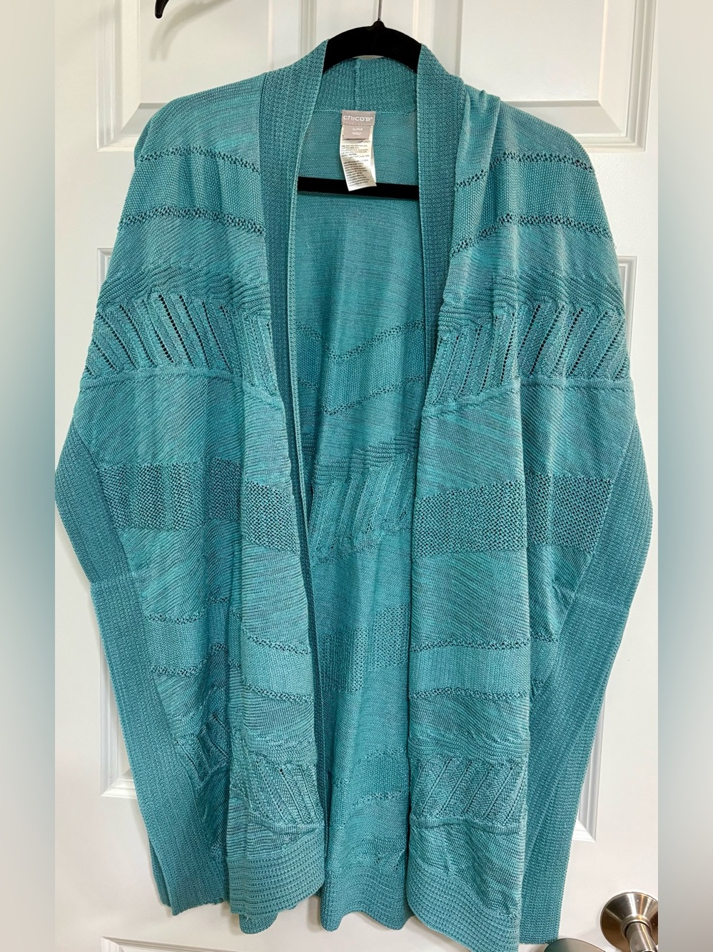 Chico's Turquoise Open-Front Textured Knit Cardigan